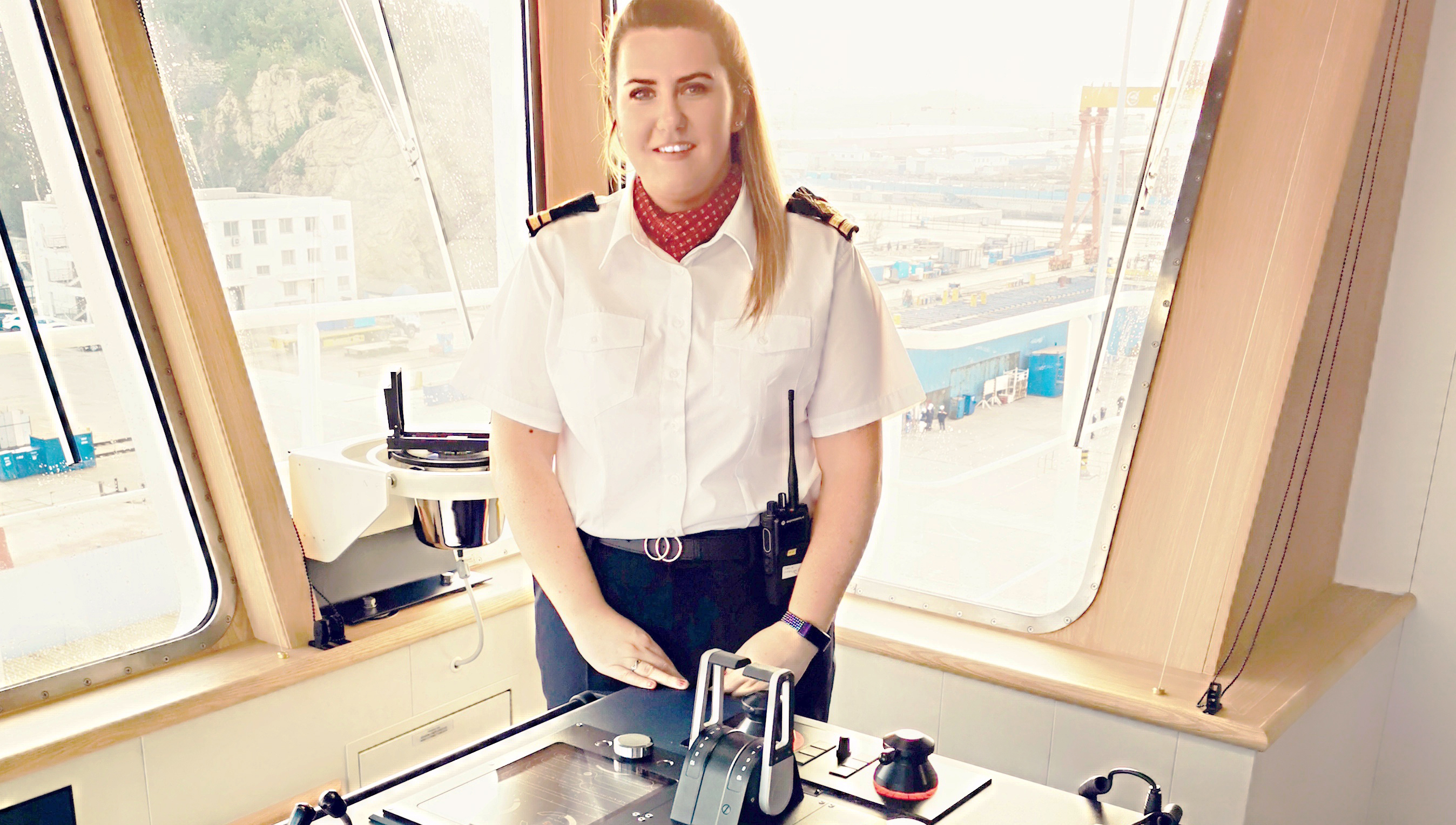 Ferry sector second officer Cora Bonham at the bridge wing controls. Image:Ferry sector second officer Cora Bonham at the bridge wing controls.