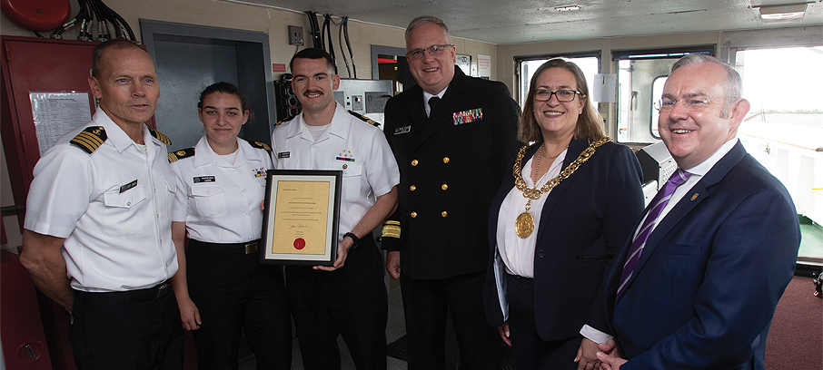 Pictured, left to right, are: Empire State VI's master, Captain Richard Smith; senior engineer cadet officer Hannah Leese; senior deck cadet officer Andrew Mayhew; SUNY president Rear Admiral Michael Alfultis; Lord Provost of Glasgow Eva Bolander; and City of Glasgow College principal Paul Little. Image:Pictured, left to right, are: Empire State VI's master, Captain Richard Smith; senior engineer cadet officer Hannah Leese; senior deck cadet officer Andrew Mayhew; SUNY president Rear Admiral Michael Alfultis; Lord Provost of Glasgow Eva Bolander; and City of Glasgow College principal Paul Little.
