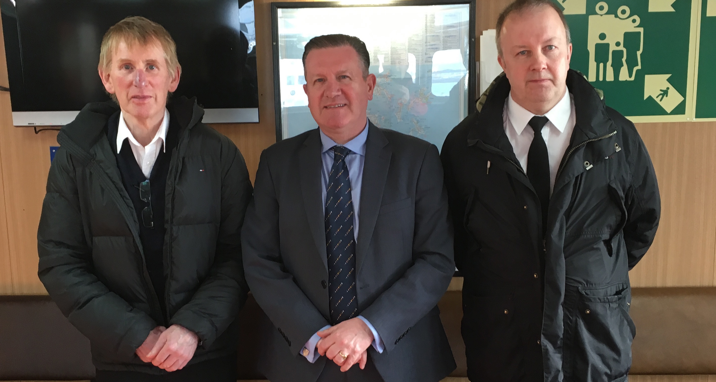 Nautilus national ferry officer Micky Smyth, centre, onboard the Orkney Ferries vessel Earl Thorfinn with liaison officers Captain John Cowie and Captain Davie Bruce. Image:Nautilus national ferry officer Micky Smyth, centre, onboard the Orkney Ferries vessel Earl Thorfinn with liaison officers Captain John Cowie and Captain Davie Bruce.