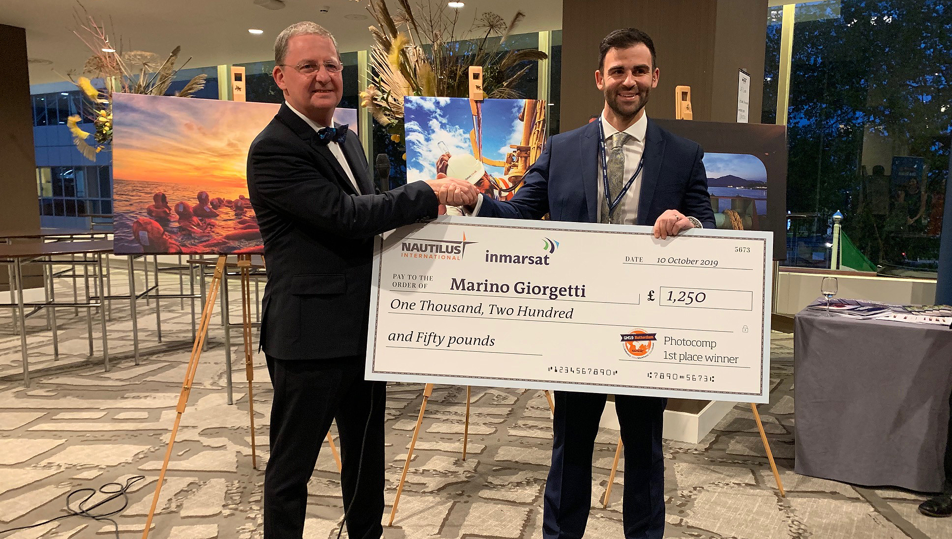 Nautilus/Inmarsat photo competition 2019 Life at Sea winner Marino Giorgetti is congratulated by Nautilus general secretary Mark Dickinson Image:Nautilus/Inmarsat photo competition 2019 Life at Sea winner Marino Giorgetti is congratulated by Nautilus general secretary Mark Dickinson