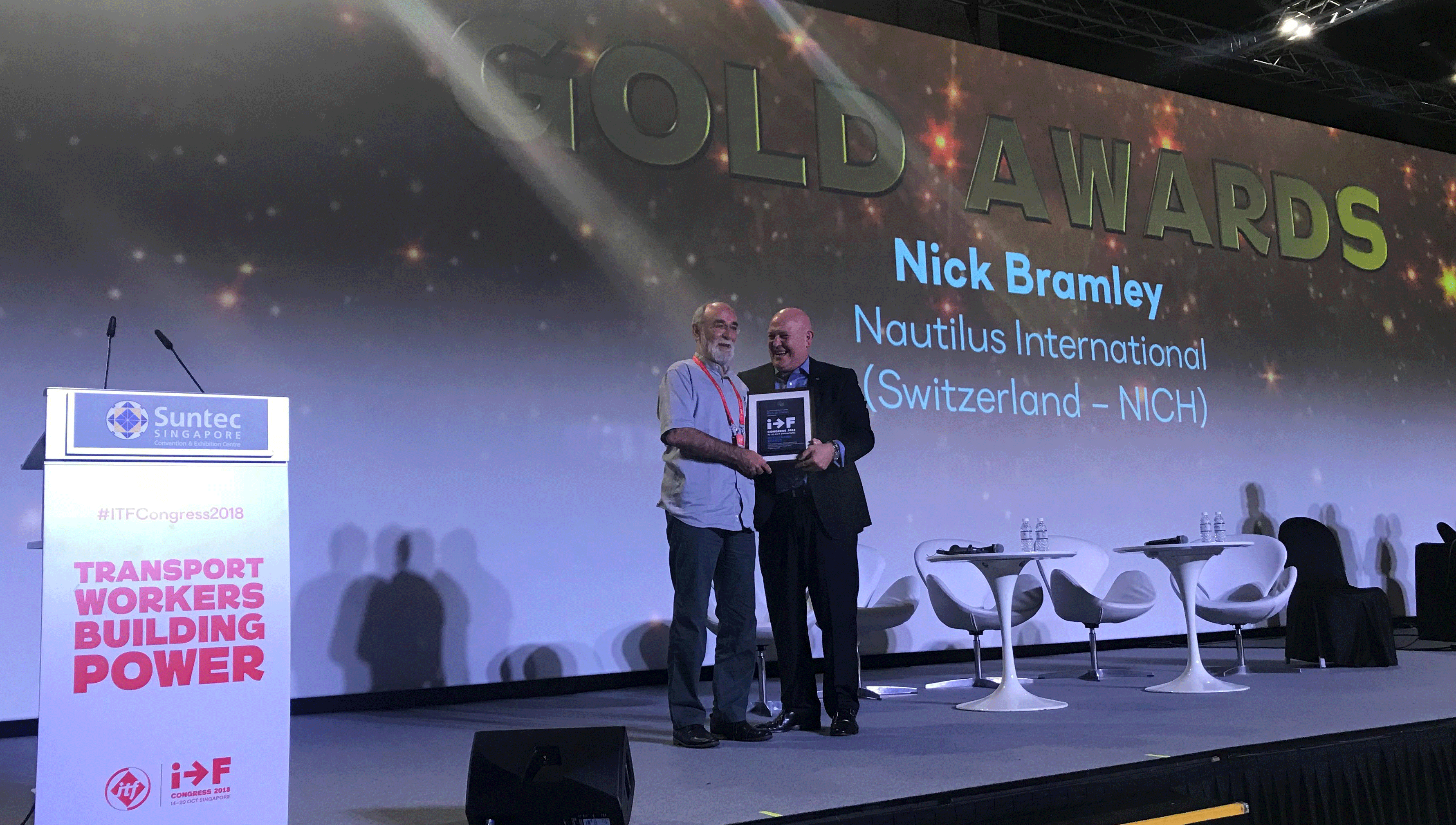 Nick Bramley (left) is presented with the International Transport Worker's Federation Gold badge for distinguished service by ITF general secretary Steve Cotton Image:Nick Bramley (left) is presented with the International Transport Worker's Federation Gold badge for distinguished service by ITF general secretary Steve Cotton