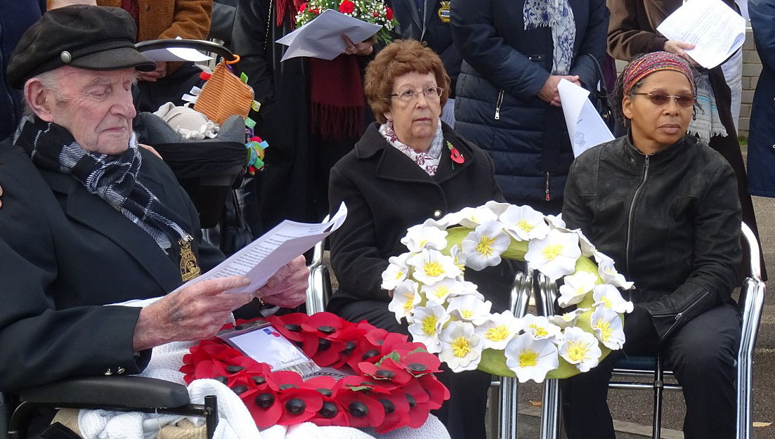 Mariners' Park residents from left: Joe Oliver, a former submariner; Kathleen Keith, who attended with her husband Rob - an ex-Shell catering officer; and Faith Bebbington, the artist who worked with residents to help make the white rose wreath for this year's ceremony. Photos: Danny Kenny Image:Mariners' Park residents from left: Joe Oliver, a former submariner; Kathleen Keith, who attended with her husband Rob - an ex-Shell catering officer; and Faith Bebbington, the artist who worked with residents to help make the white rose wreath for this year's ceremony. Photos: Danny Kenny